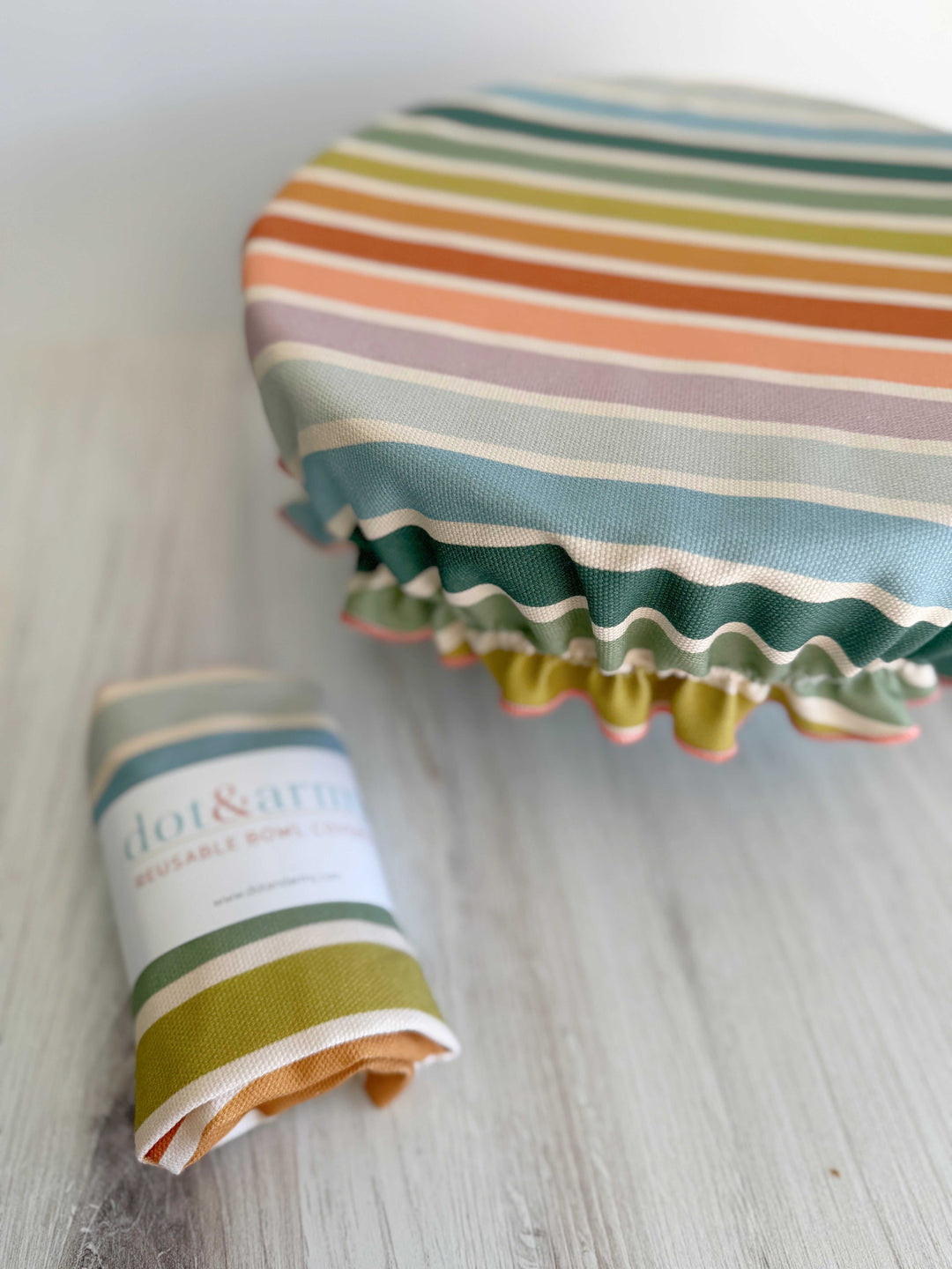 Reusable Cotton Bowl Cover, Beach Stripe, 12" to 14"