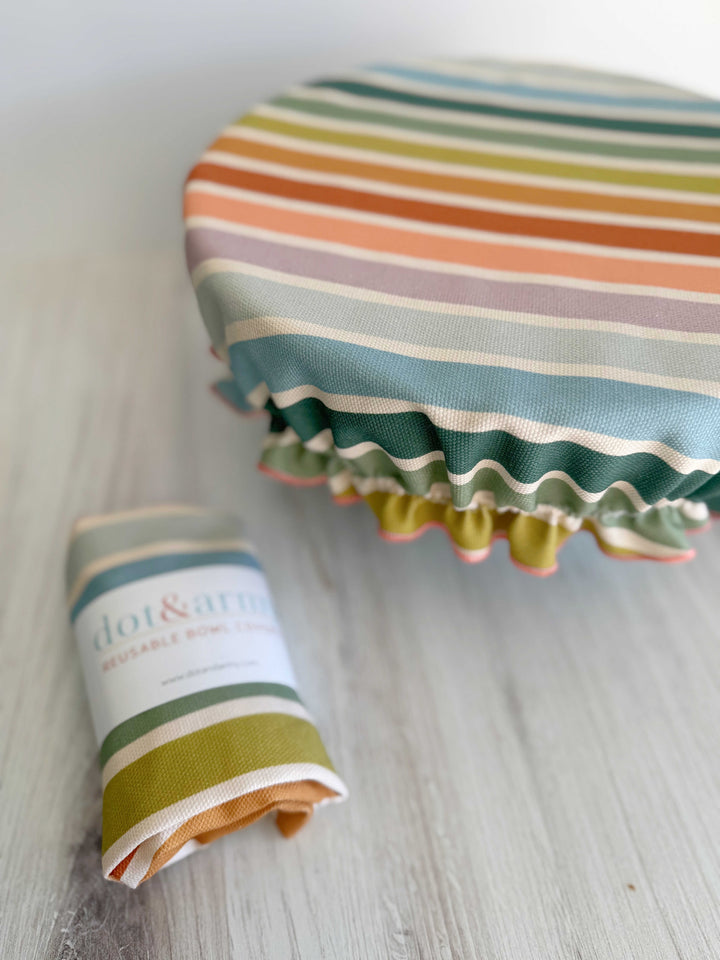 Reusable Cotton Bowl Cover, Beach Stripe, 12" to 14"