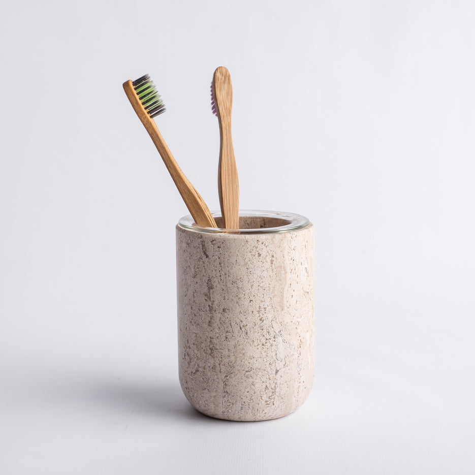 Handcrafted Travertine &amp; Glass Toothbrush Holder