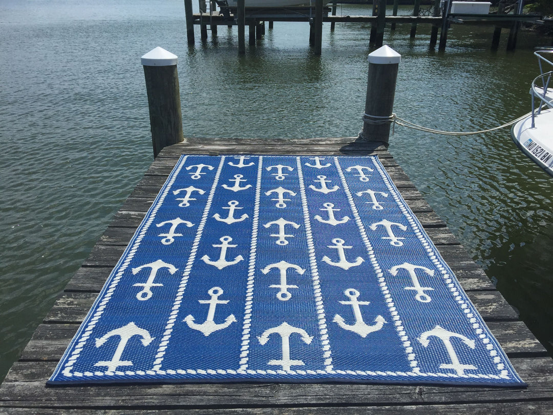 Recycled PET Anchor Outdoor Rug, Blue &amp; White