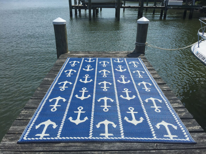 Recycled PET Anchor Outdoor Rug, Blue &amp; White