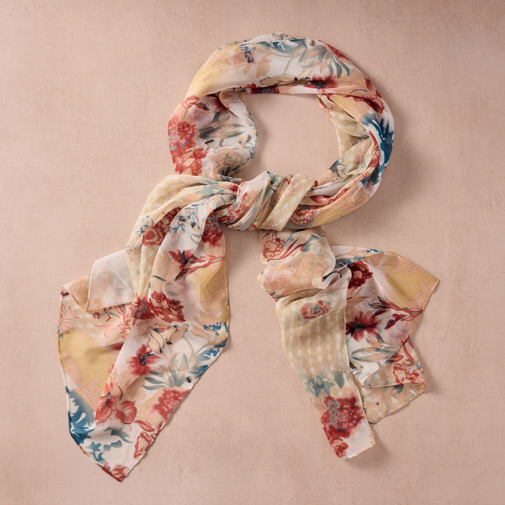 Handcrafted Floral Chiffon Scarf, Blue &amp; Red