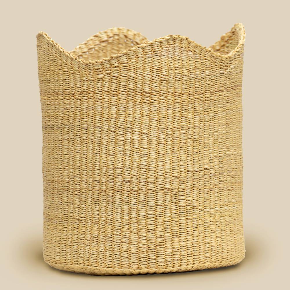 Handcrafted Bolga Straw Scalloped Waste Basket, 8"