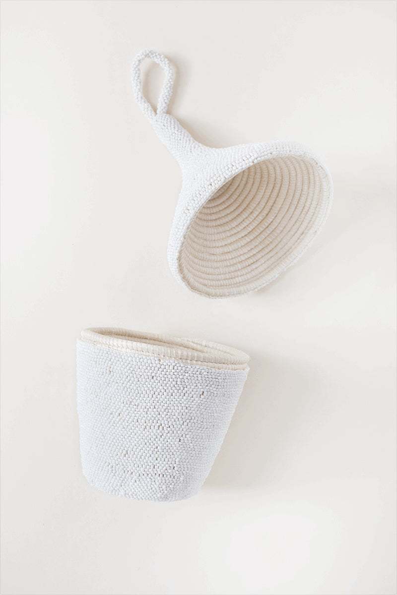 Handcrafted Beaded Sisal Peace Basket, White 6" H