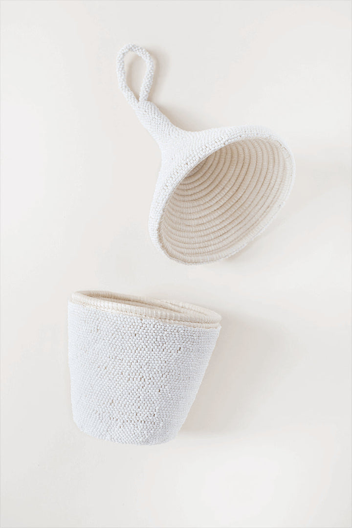 Handcrafted Beaded Sisal Peace Basket, White 6" H