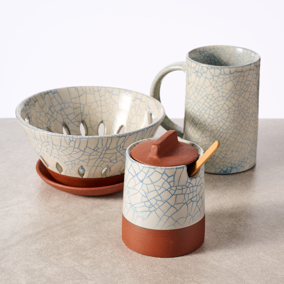 Handcrafted Terracotta Honey Pot with Blue Crackle Lid