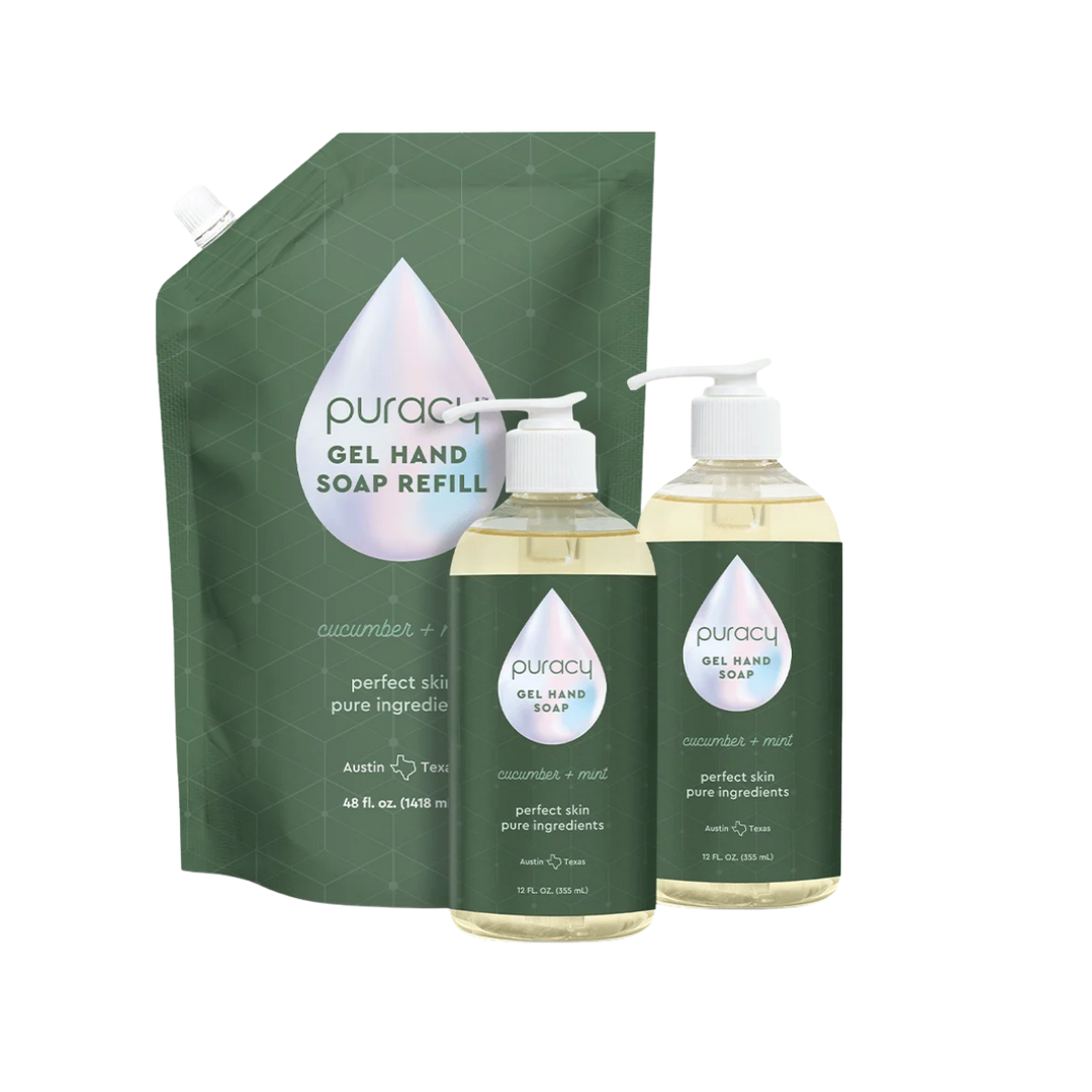 A Puracy gel hand soap refill kit featuring a large green pouch of gel hand soap refill and two matching pump bottles of cucumber + mint gel hand soap on a white background.