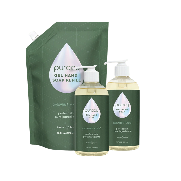 A Puracy gel hand soap refill kit featuring a large green pouch of gel hand soap refill and two matching pump bottles of cucumber + mint gel hand soap on a white background.