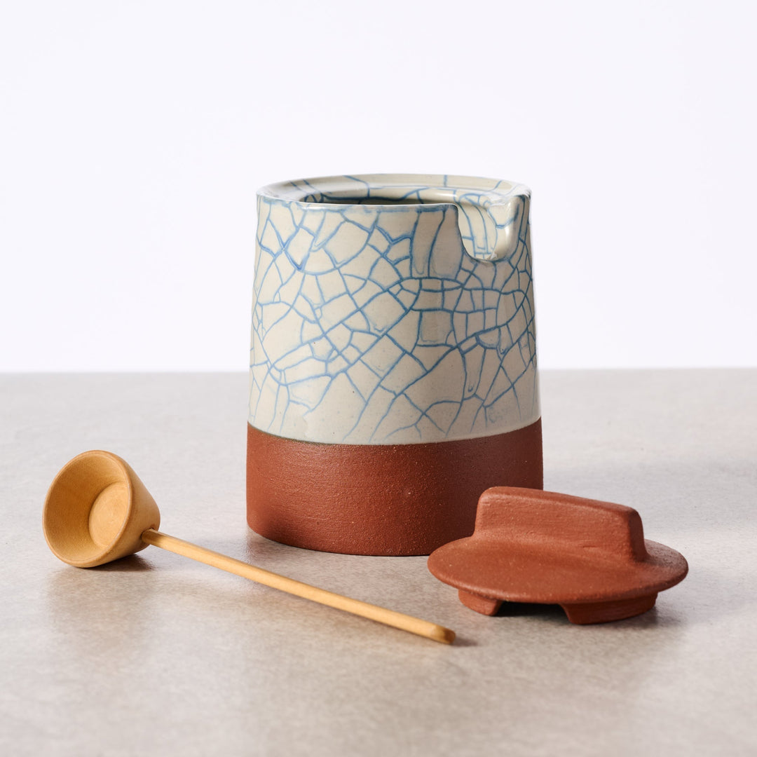 Handcrafted Terracotta Honey Pot with Blue Crackle Lid