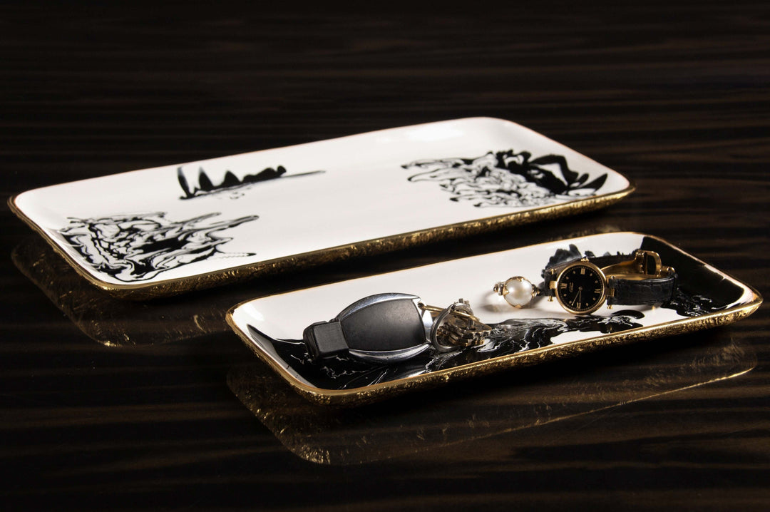 Handcrafted Gold-Plated Enamel Serving Tray, Black &amp; White
