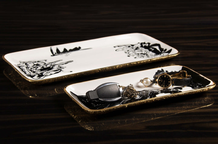 Handcrafted Gold-Plated Enamel Serving Tray, Black &amp; White