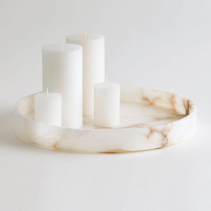 Hand-Carved Alabaster Decorative Tray, Cream