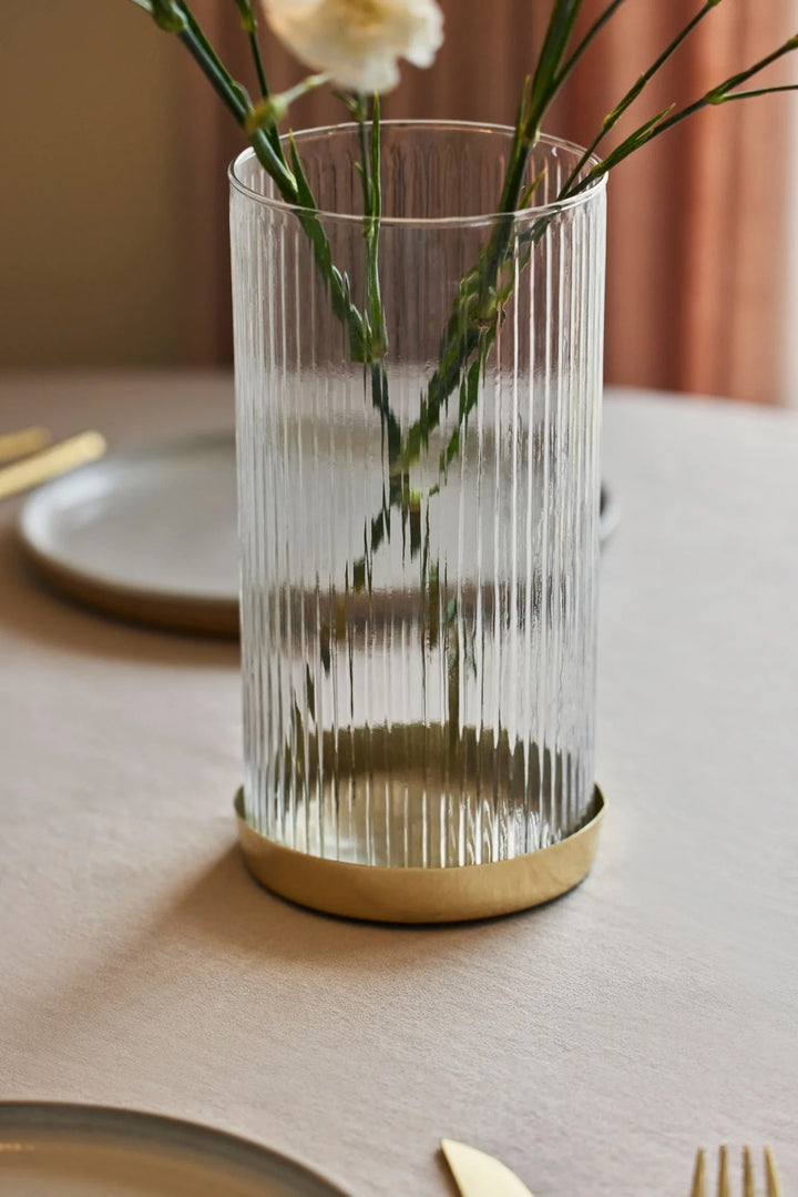 Handcrafted Fluted Glass Vase, Gold Base, Tall
