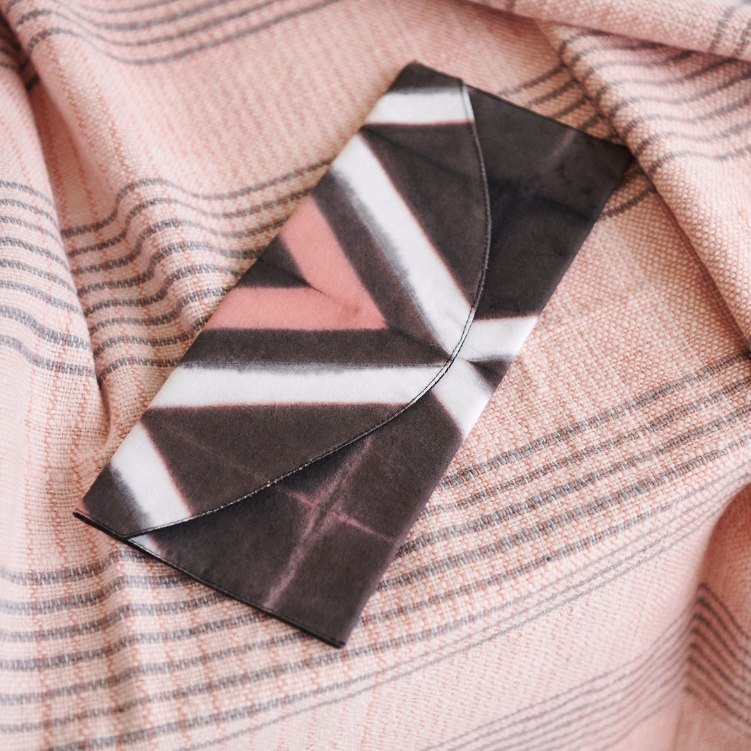 Handcrafted Shibori Cotton Pouch, Black &amp; Pink, 10" x 4"