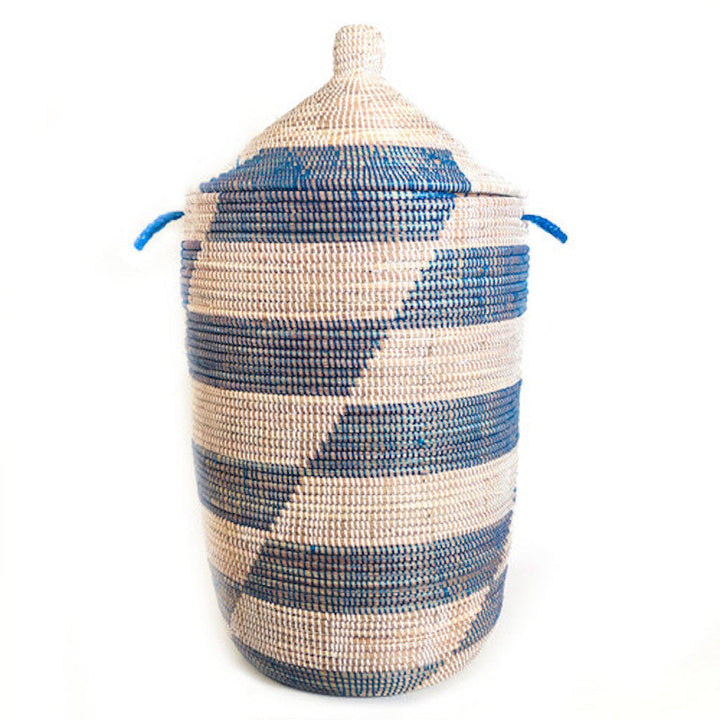 Handwoven Millet Grass Storage Basket, Blue Stripe, 28"