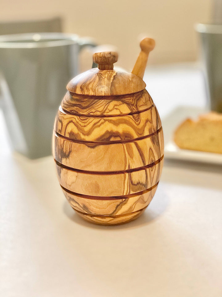 Handcrafted Olive Wood Honey Jar with Dipper, 4.7"