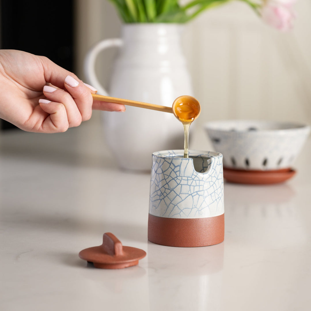 Handcrafted Terracotta Honey Pot with Blue Crackle Lid