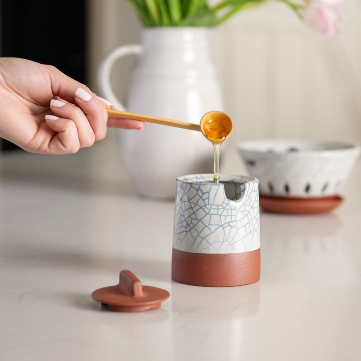 Handcrafted Terracotta Honey Pot with Blue Crackle Lid