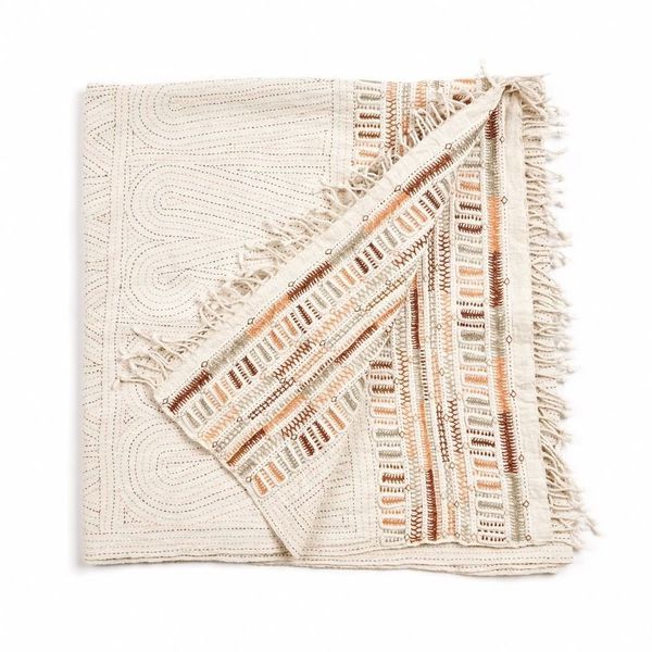Organic Hand-Embroidered Cotton Throw, 83" x 43"
