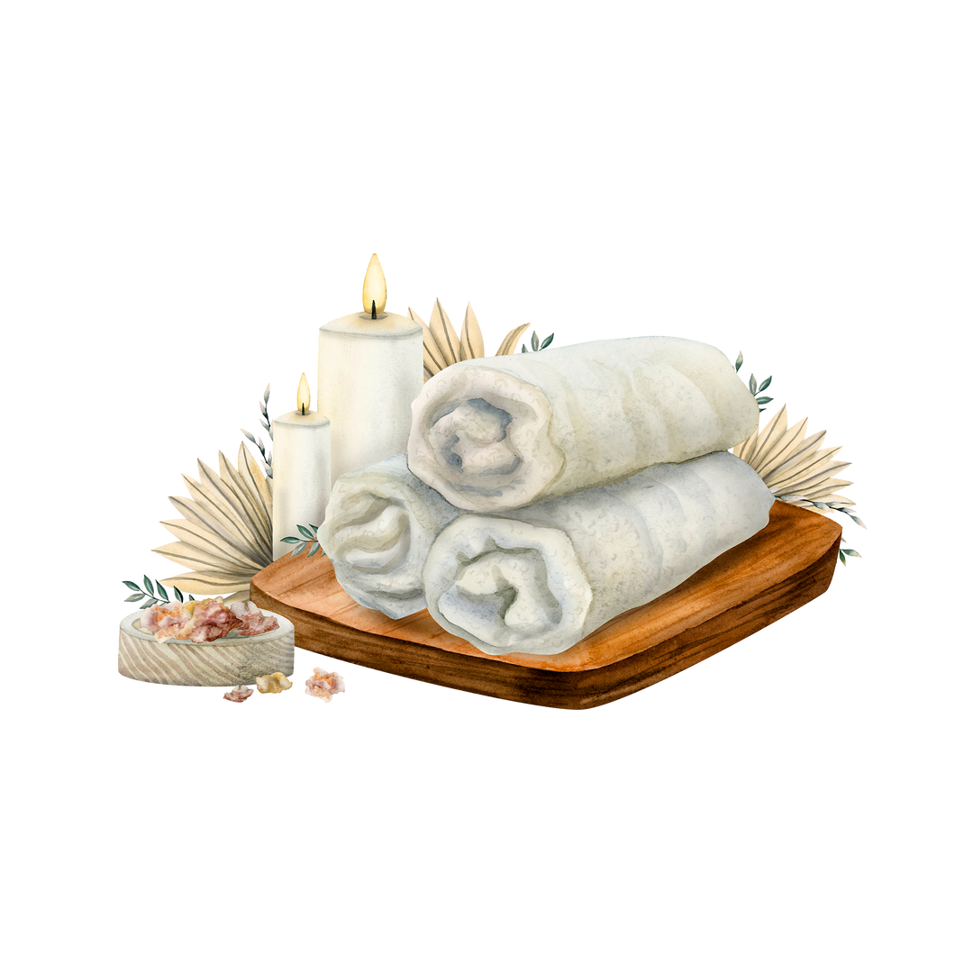 Stack of white towels on a wooden tray with candles and decorative elements on a white background