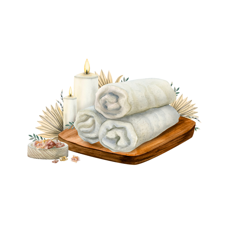 Stack of white towels on a wooden tray with candles and decorative elements on a white background