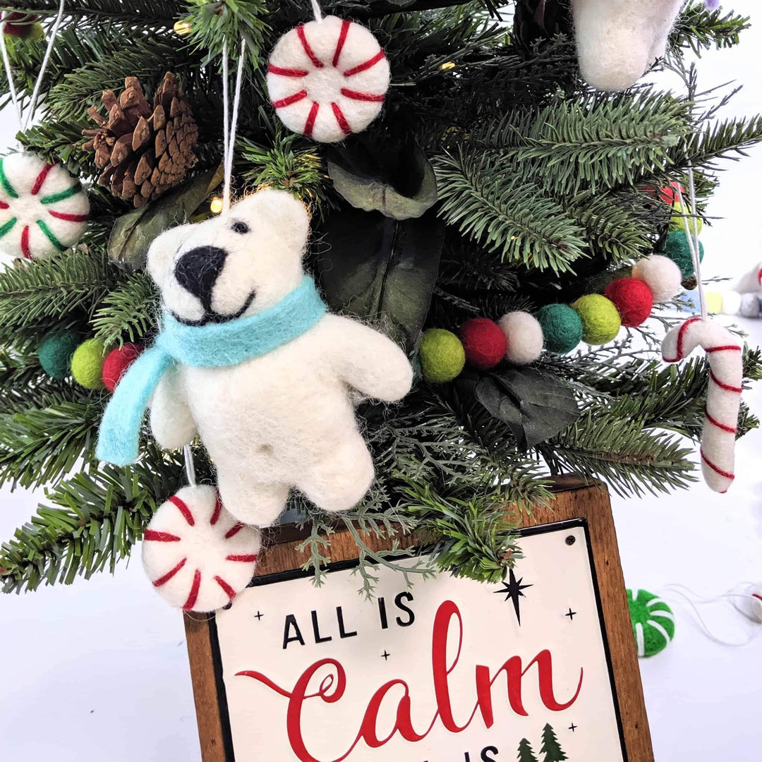 Handcrafted Organic Wool Polar Bear Ornaments, 2 Ct.