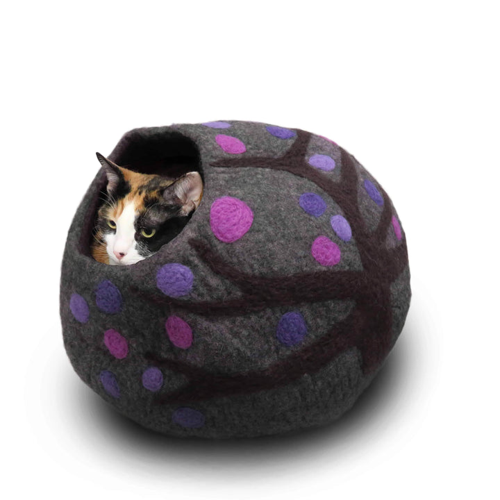 Organic Hand-Felted Wool Cat Cave Bed, 20", Purple Rain