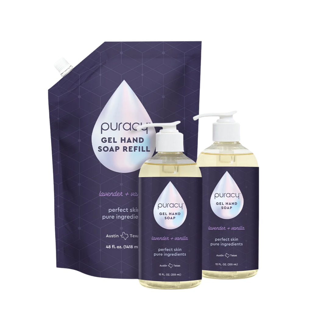 Puracy Gel Hand Soap refill kit featuring a lavender and vanilla scented refill pouch, a 16 fl. oz.