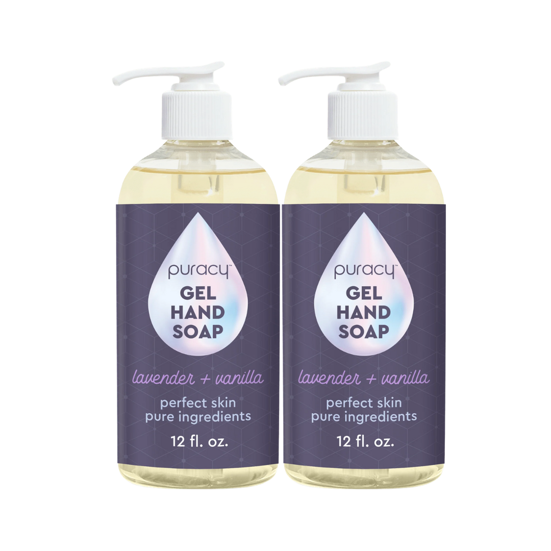 Two bottles of Puracy Gel Hand Soap in lavender + vanilla scent, side-by-side on a plain white background.
