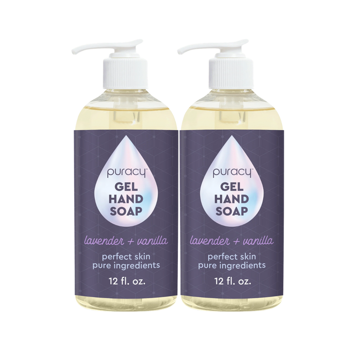Two bottles of Puracy Gel Hand Soap in lavender + vanilla scent, side-by-side on a plain white background.