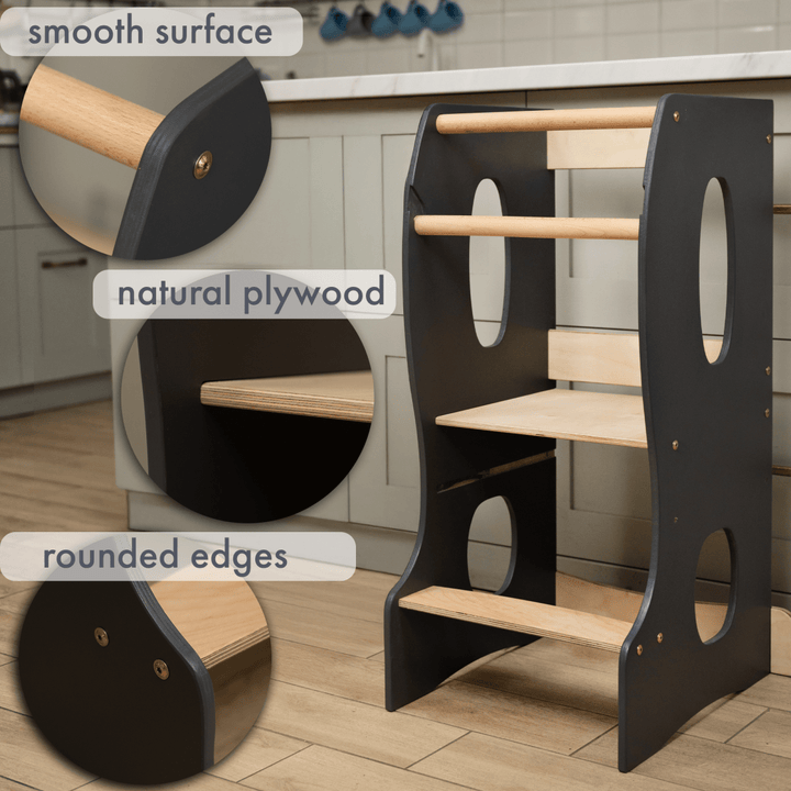 Natural Wood Montessori Toddler Tower, Grey