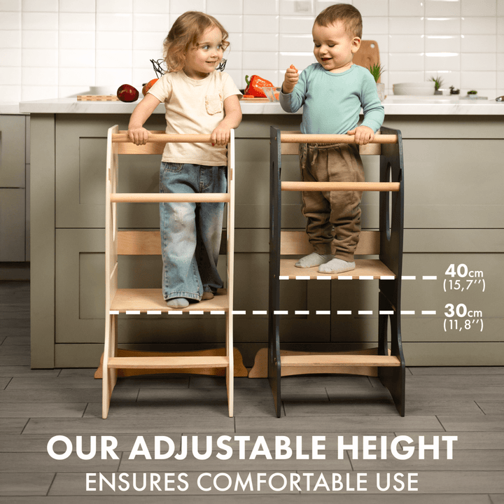 Natural Wood Montessori Toddler Tower, Grey