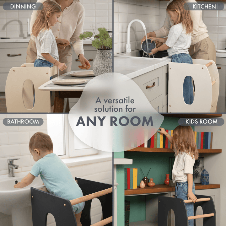 Natural Wood Montessori Toddler Tower, Grey