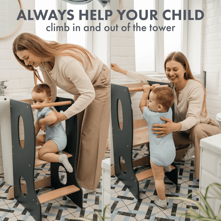 Natural Wood Montessori Toddler Tower, Grey