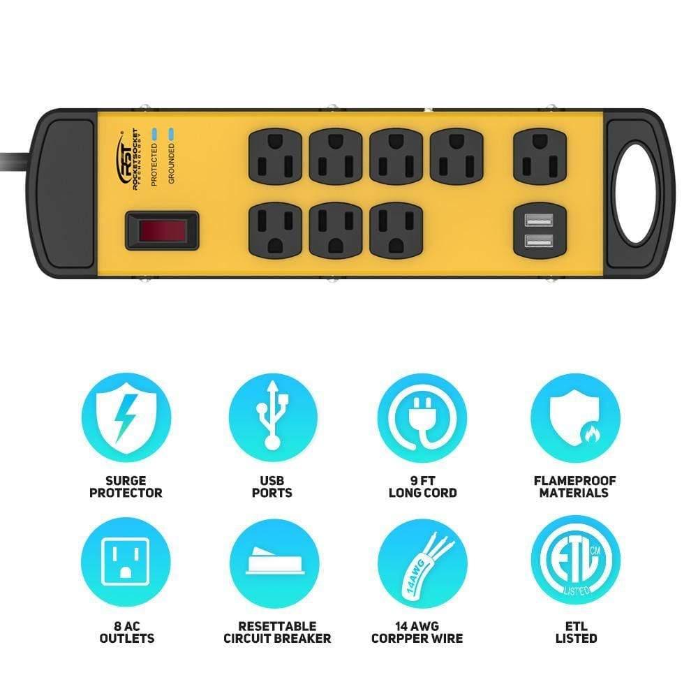 Heavy-Duty Metal Power Strip, 8-Outlet 2 USB, 9Ft