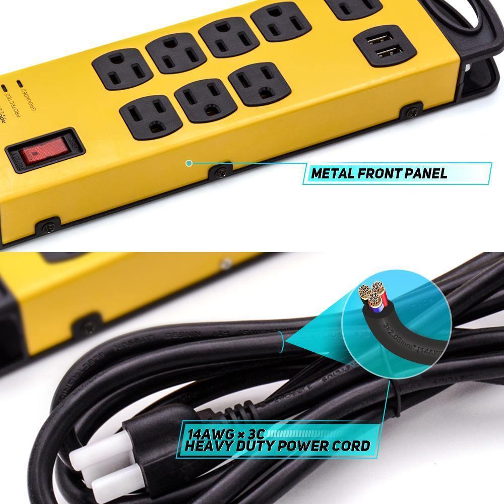 Heavy-Duty Metal Power Strip, 8-Outlet 2 USB, 9Ft