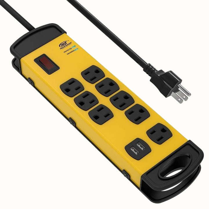 Heavy-Duty Metal Power Strip, 8-Outlet 2 USB, 9Ft
