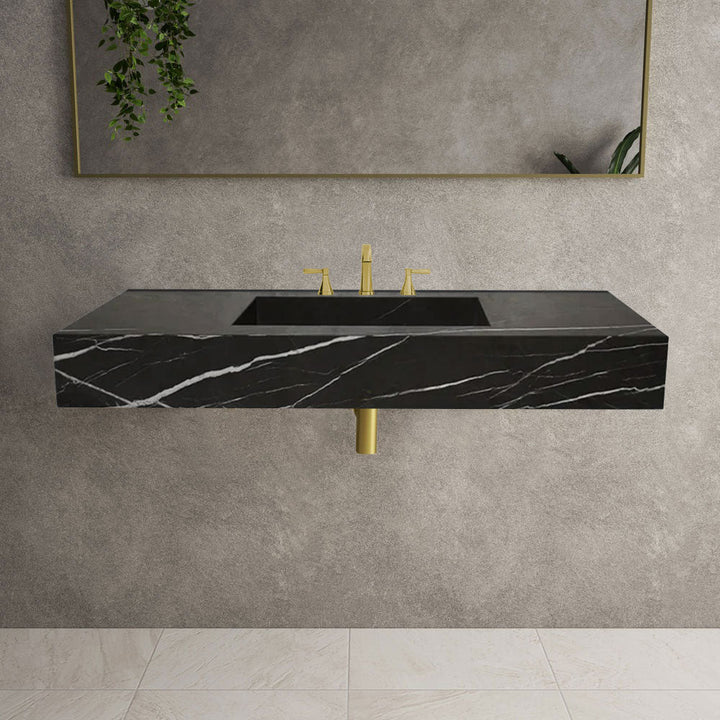 Handcrafted Black Marble Wall-Mount Sink 48" x 20"