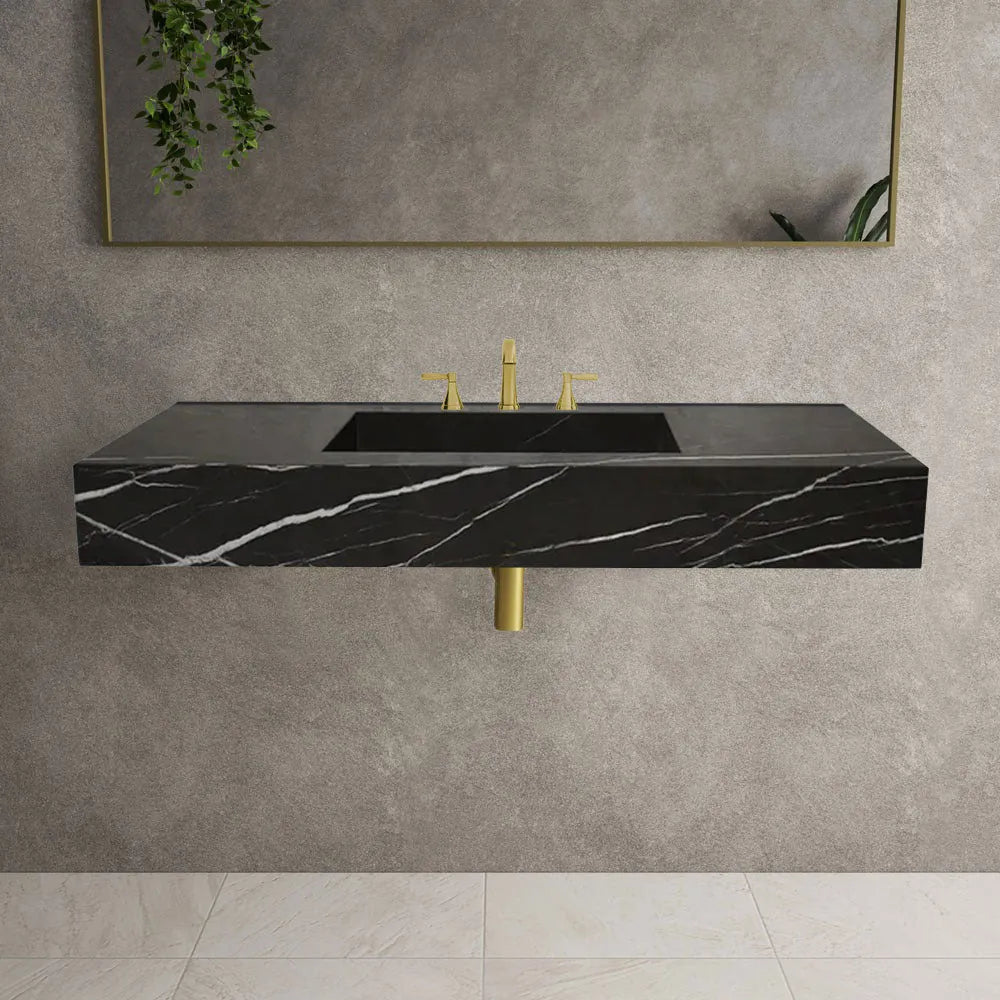 Handcrafted Black Marble Wall-Mount Sink 48" x 20"