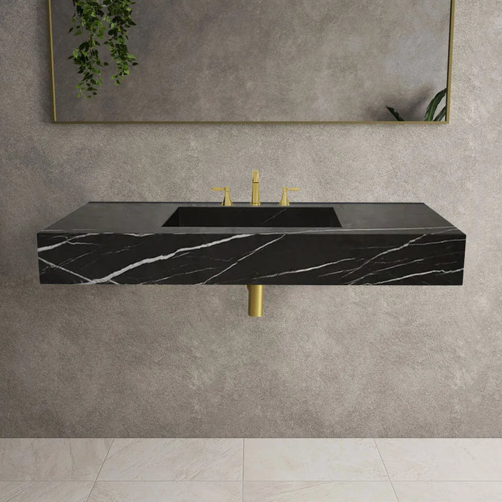 Handcrafted Black Marble Wall-Mount Sink 48" x 20"