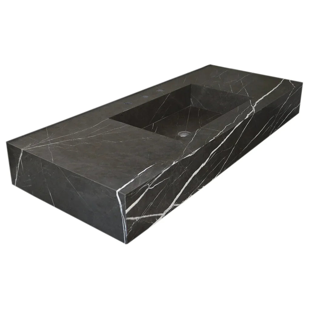Handcrafted Black Marble Wall-Mount Sink 48" x 20"