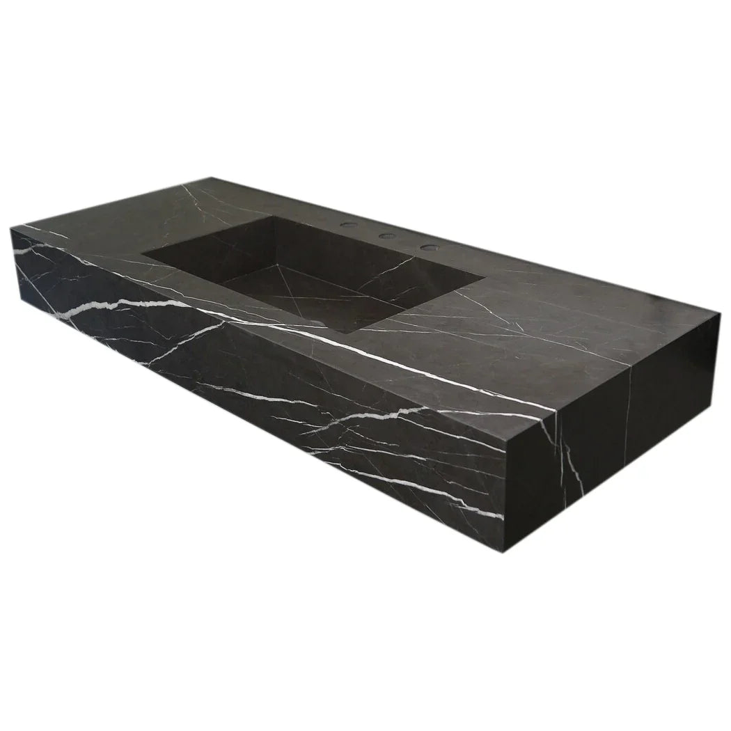 Handcrafted Black Marble Wall-Mount Sink 48" x 20"
