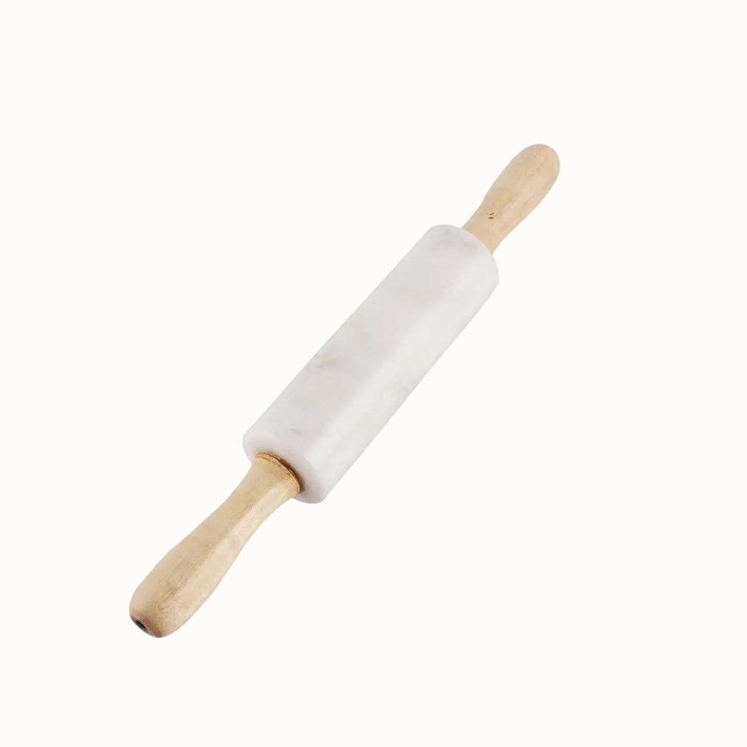 Marble-textured rolling pin with wooden handle on a white background
