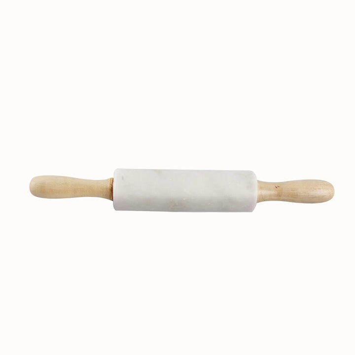 Marble rolling pin with wooden handle on a white background